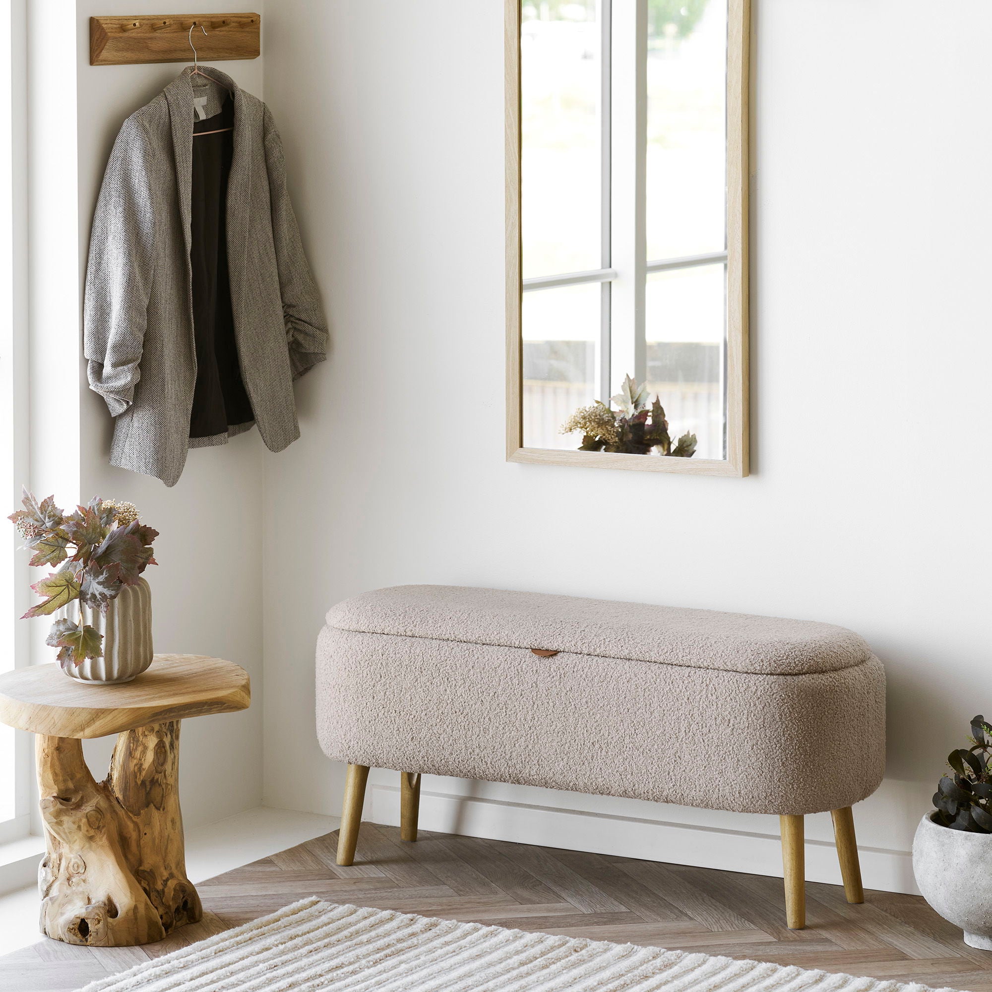 Banco Harlow - Banco com armazenamento, Bouclé, bege 95x37x45 cm, HN1063