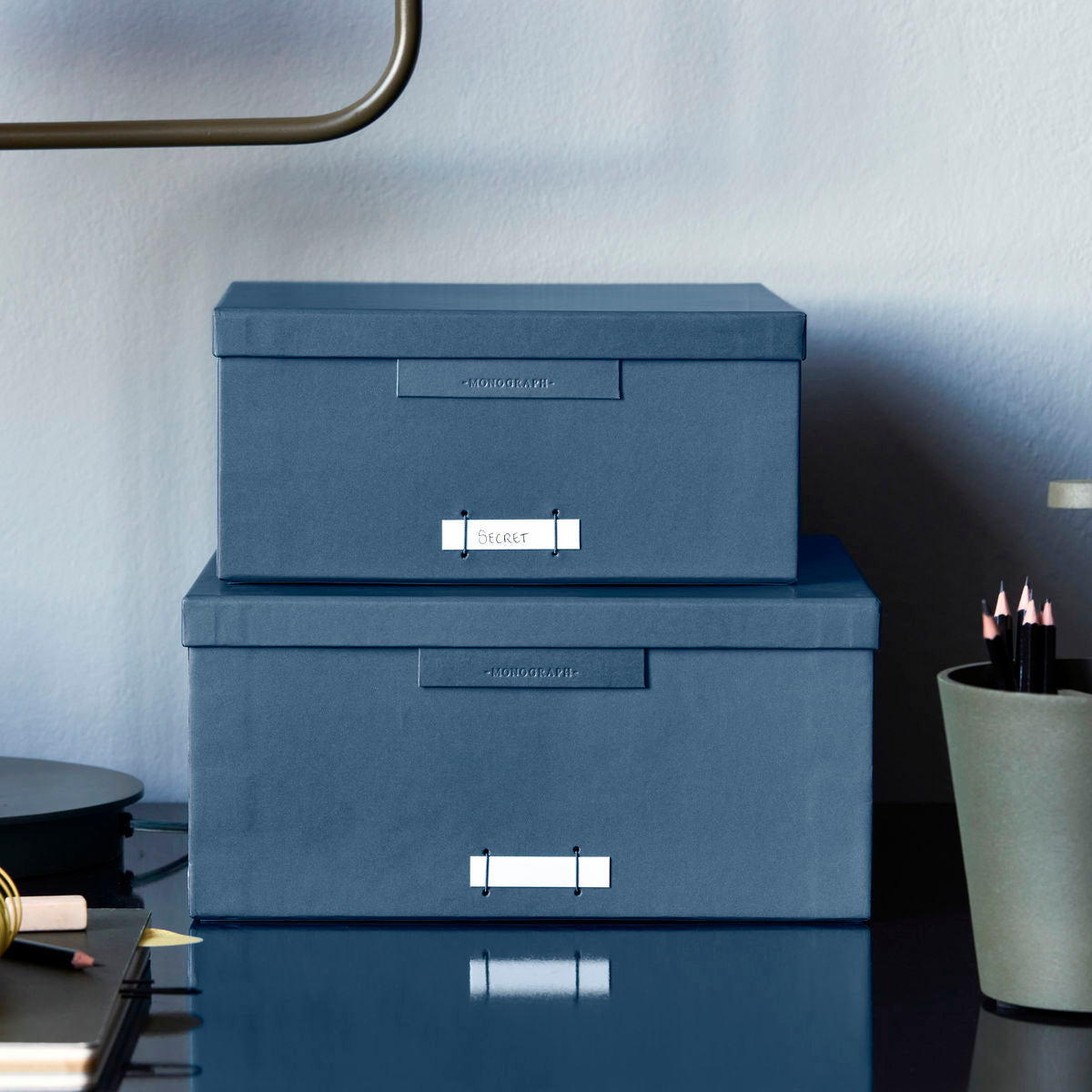 Caixas com tampa, arquivo, azul/gasolina