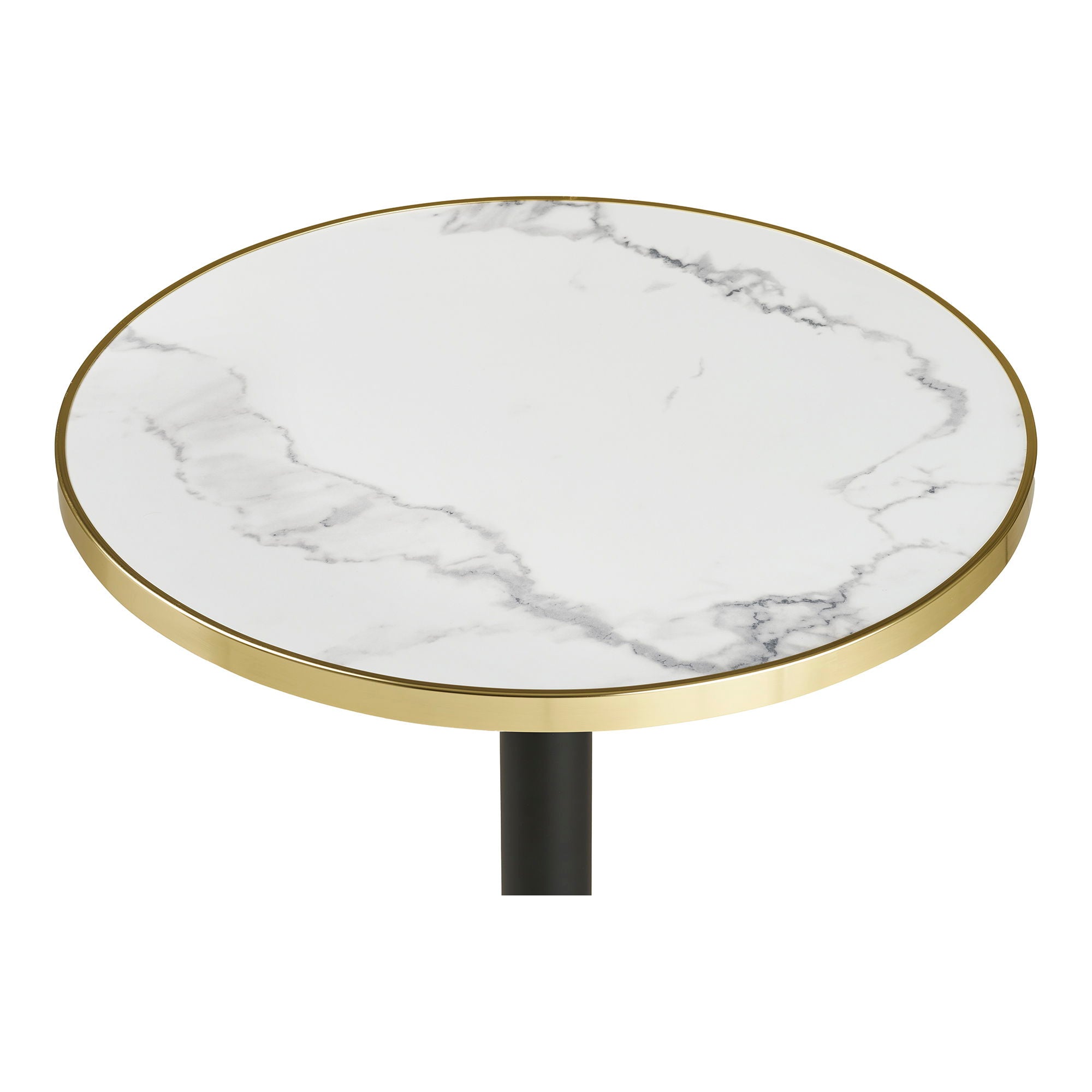 Tabela de cafés - mesa de café, marmore look bancada, branco com borda dourada, pernas pretas, alumínio Ø60x73 cm