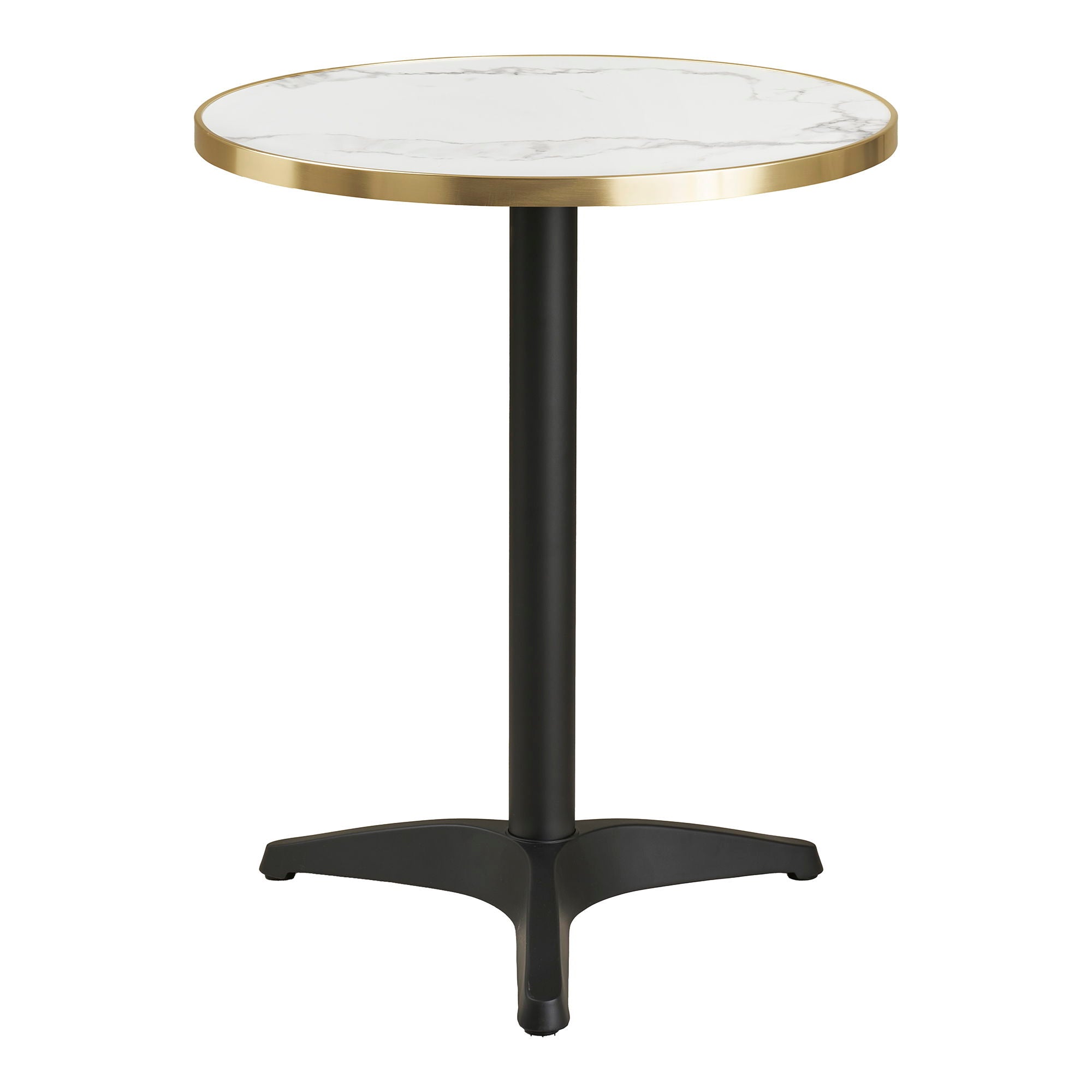 Tabela de cafés - mesa de café, marmore look bancada, branco com borda dourada, pernas pretas, alumínio Ø60x73 cm