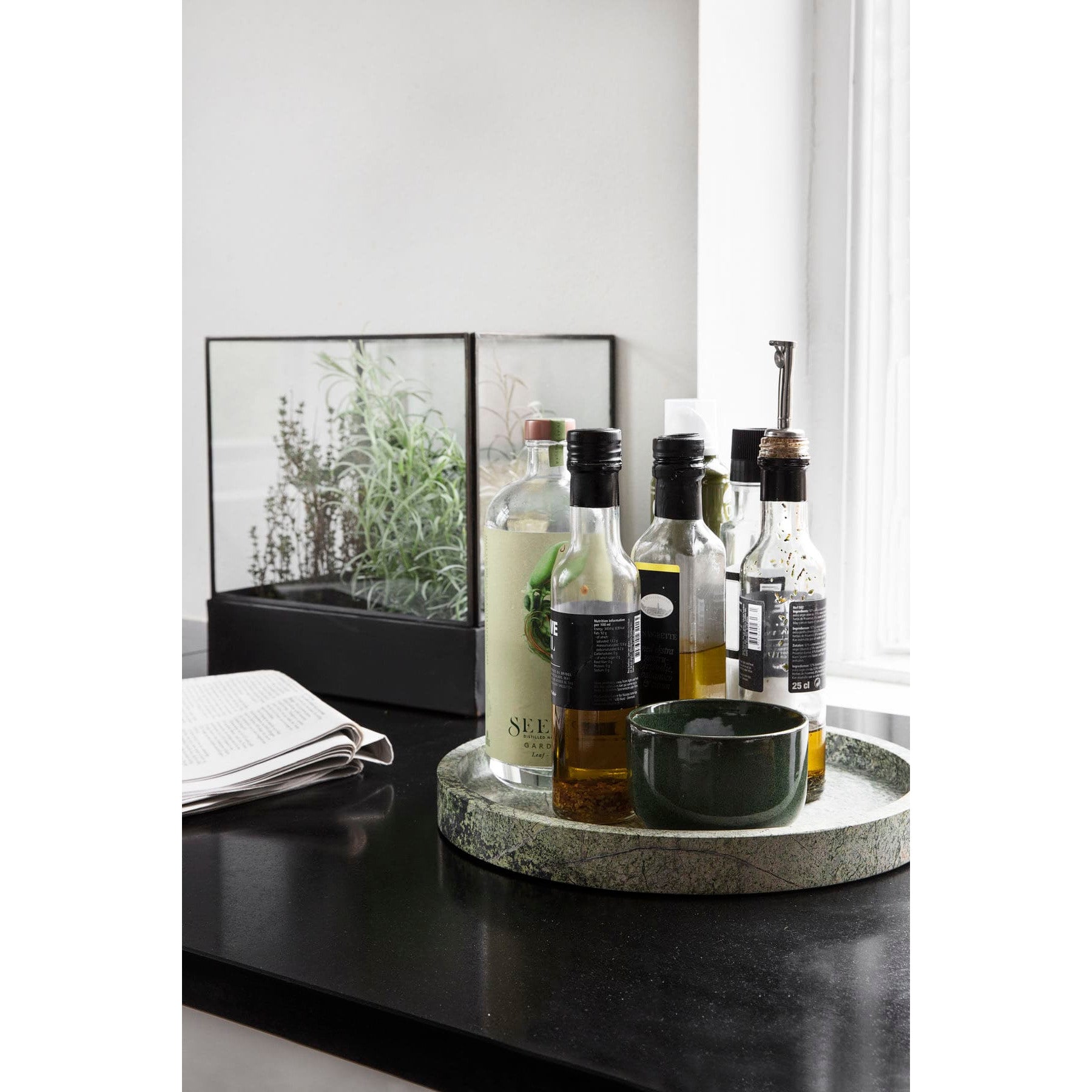 Bandeja, poli, mármore verde Ø30