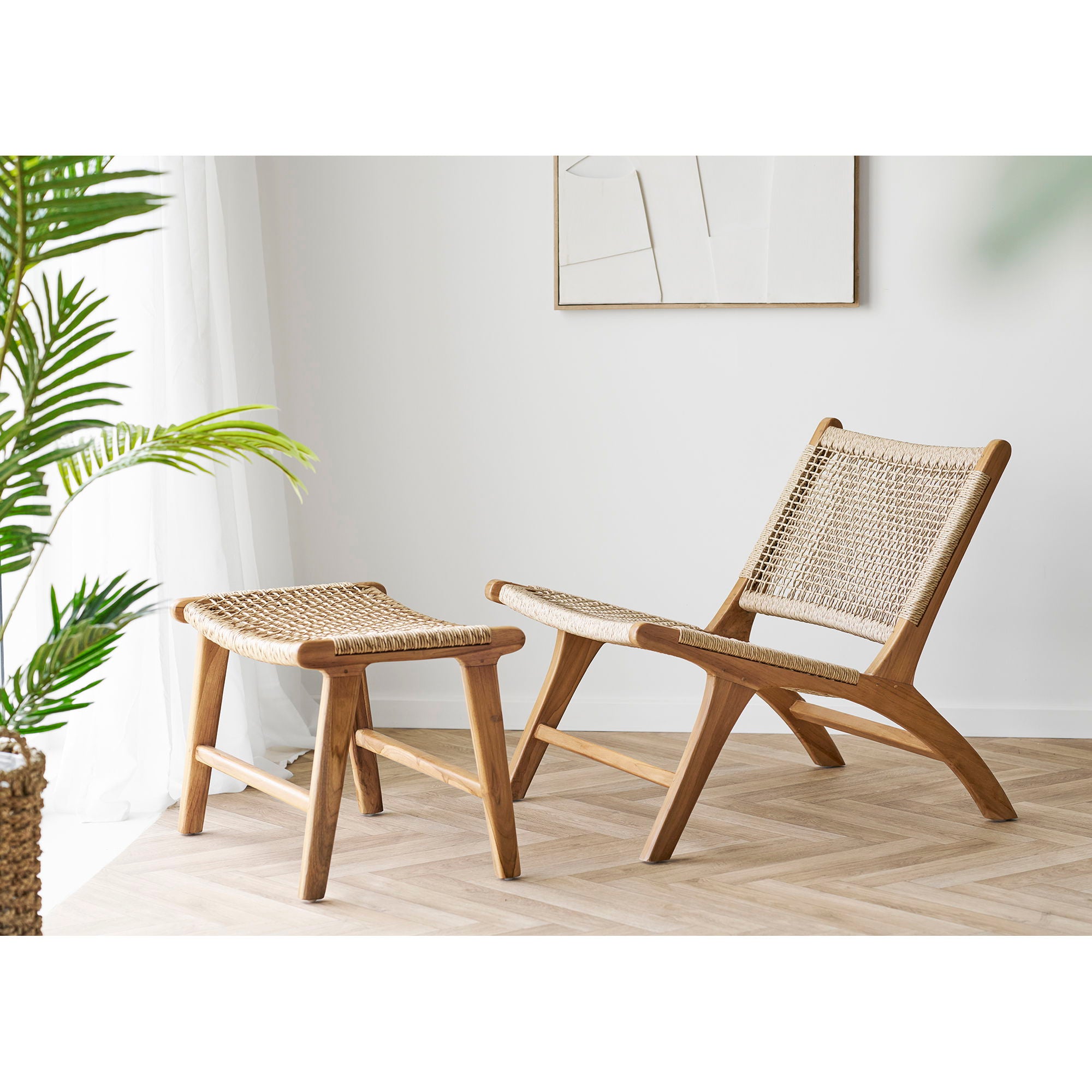 Derby Conjunto - Cadeira de lounge e banquinho, teca/PE Rattan, natureza