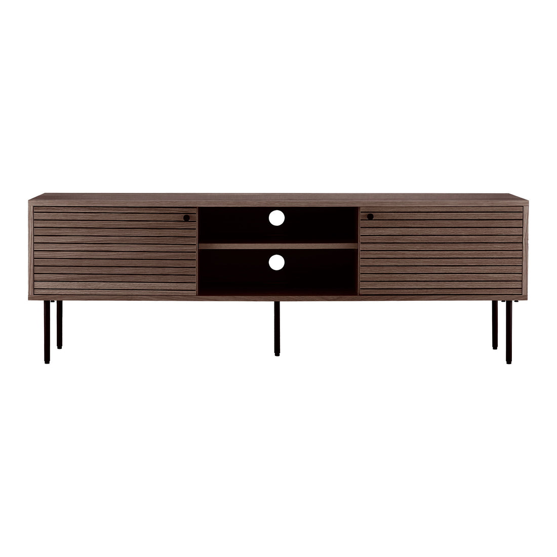 Banco de TV, 2 portas, 2 prateleiras, folheado de carvalho, fumado, pernas de metal preto 150x40x50 cm