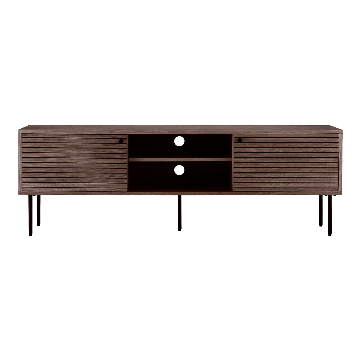 Banco de TV, 2 portas, 2 prateleiras, folheado de carvalho, fumado, pernas de metal preto 150x40x50 cm