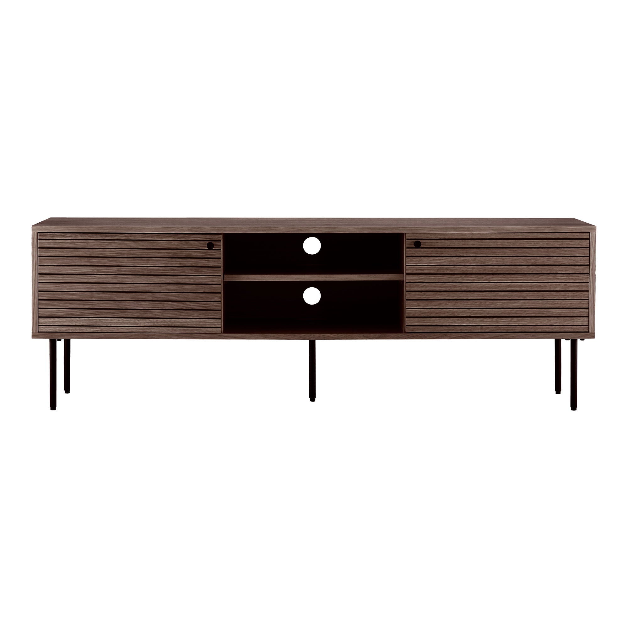 Banco de TV, 2 portas, 2 prateleiras, folheado de carvalho, fumado, pernas de metal preto 150x40x50 cm