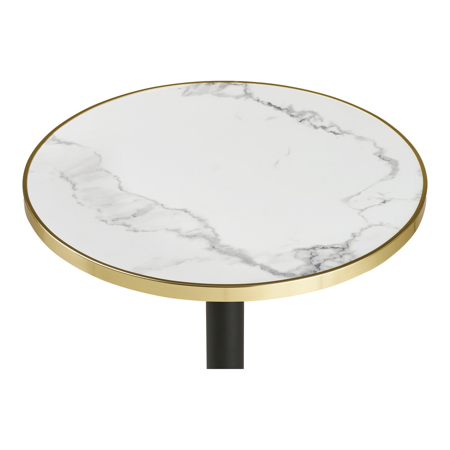 Tabela de cafés - mesa de café, marmore look bancada, branco com borda dourada, pernas pretas, alumínio Ø60x73 cm