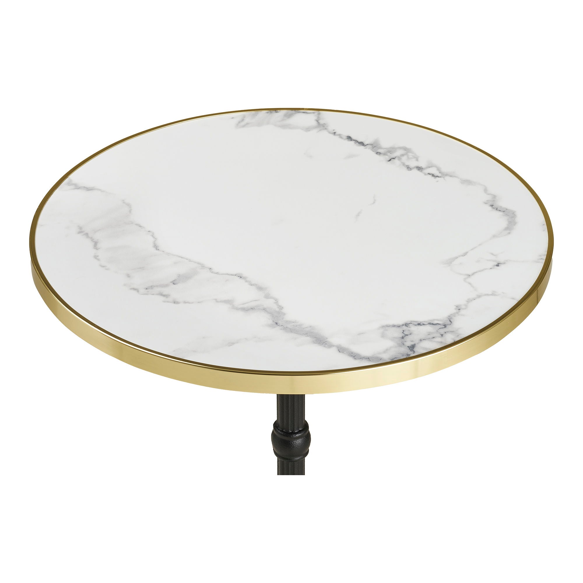 Tabela de cafés - mesa de café, marmore look bancada, branco com borda dourada, pernas pretas, ferro fundido Ø60x73 cm