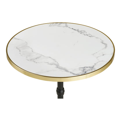 Tabela de cafés - mesa de café, marmore look bancada, branco com borda dourada, pernas pretas, ferro fundido Ø60x73 cm
