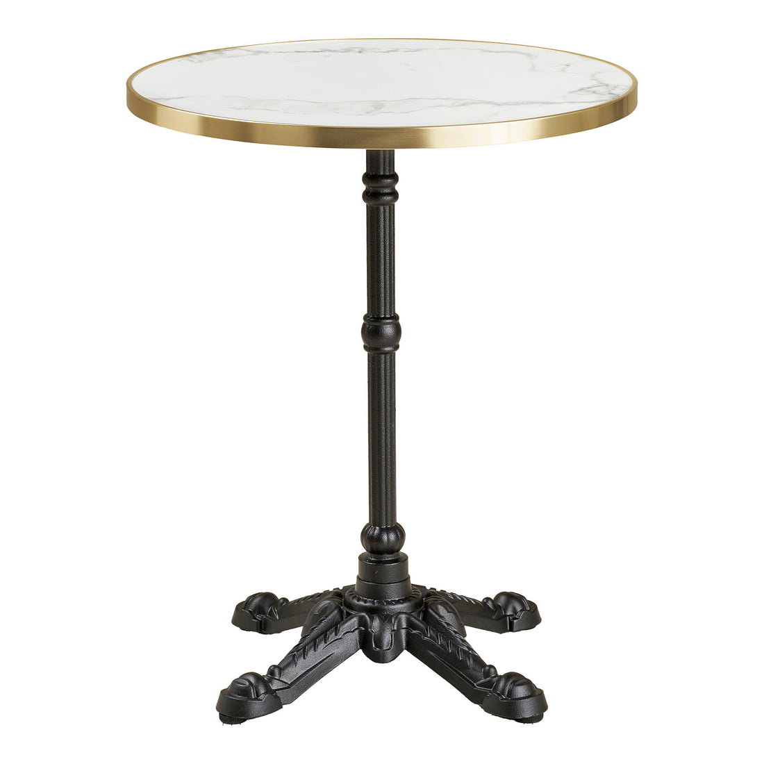 Tabela de cafés - mesa de café, marmore look bancada, branco com borda dourada, pernas pretas, ferro fundido Ø60x73 cm