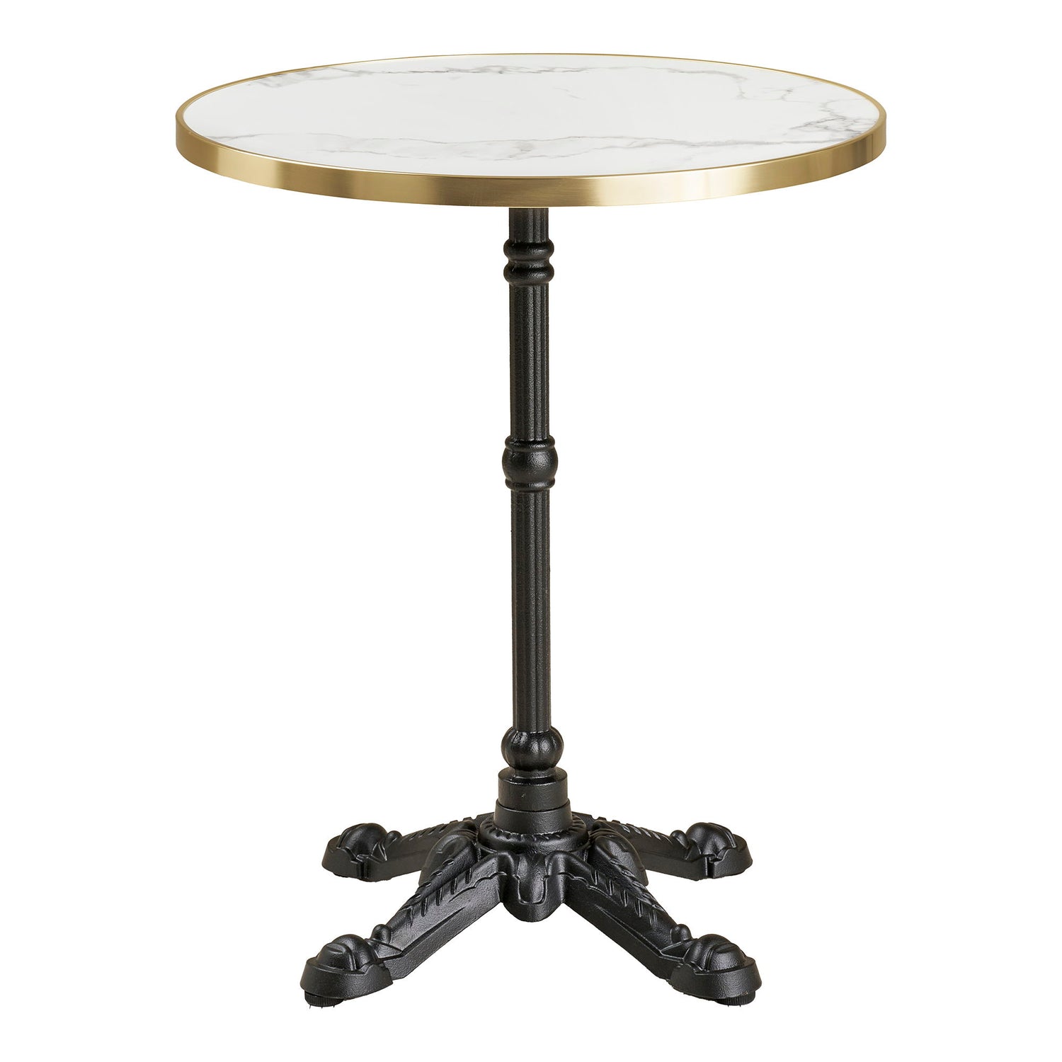 Tabela de cafés - mesa de café, marmore look bancada, branco com borda dourada, pernas pretas, ferro fundido Ø60x73 cm