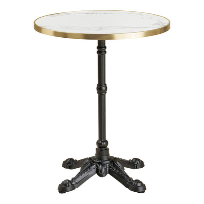 Tabela de cafés - mesa de café, marmore look bancada, branco com borda dourada, pernas pretas, ferro fundido Ø60x73 cm