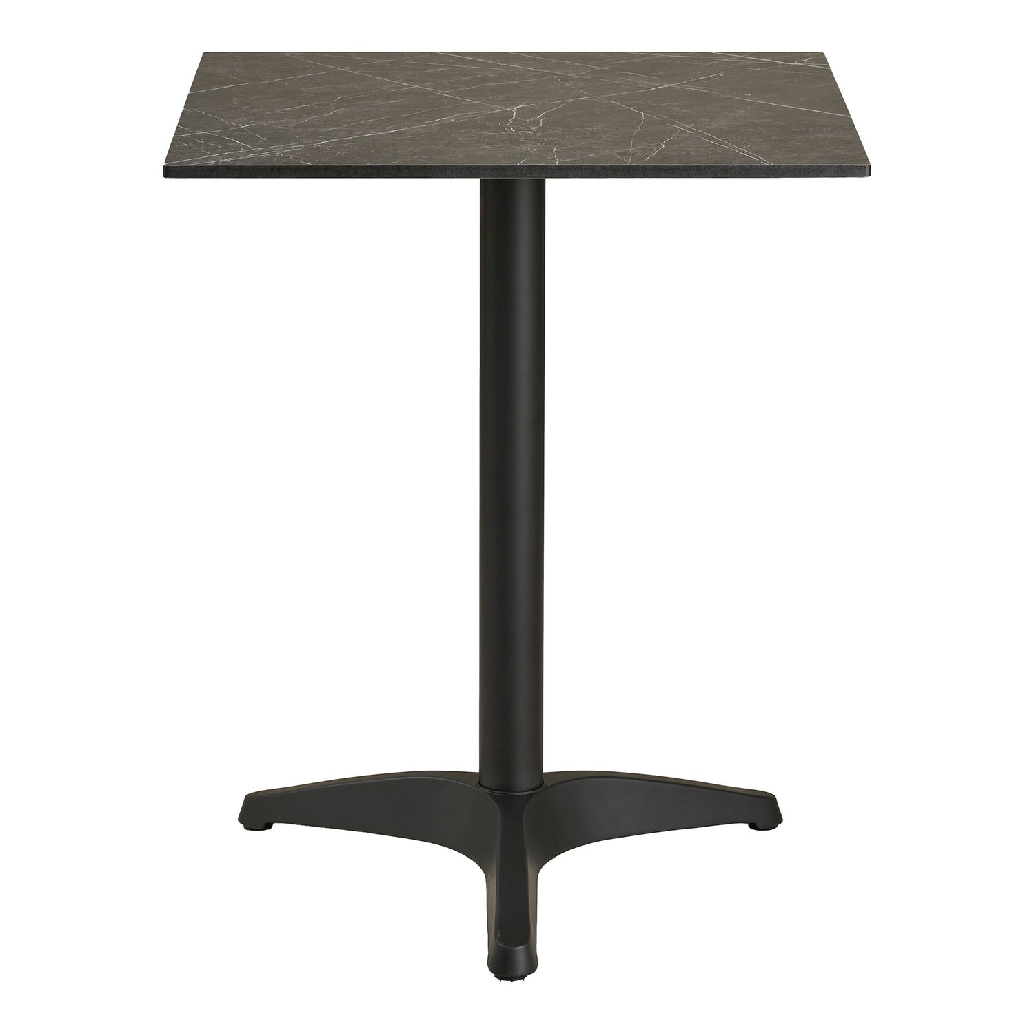 Tabela de cafés - mesa de café, marmore look bancada, cinza escuro, pernas pretas, alumínio 60x60x73 cm
