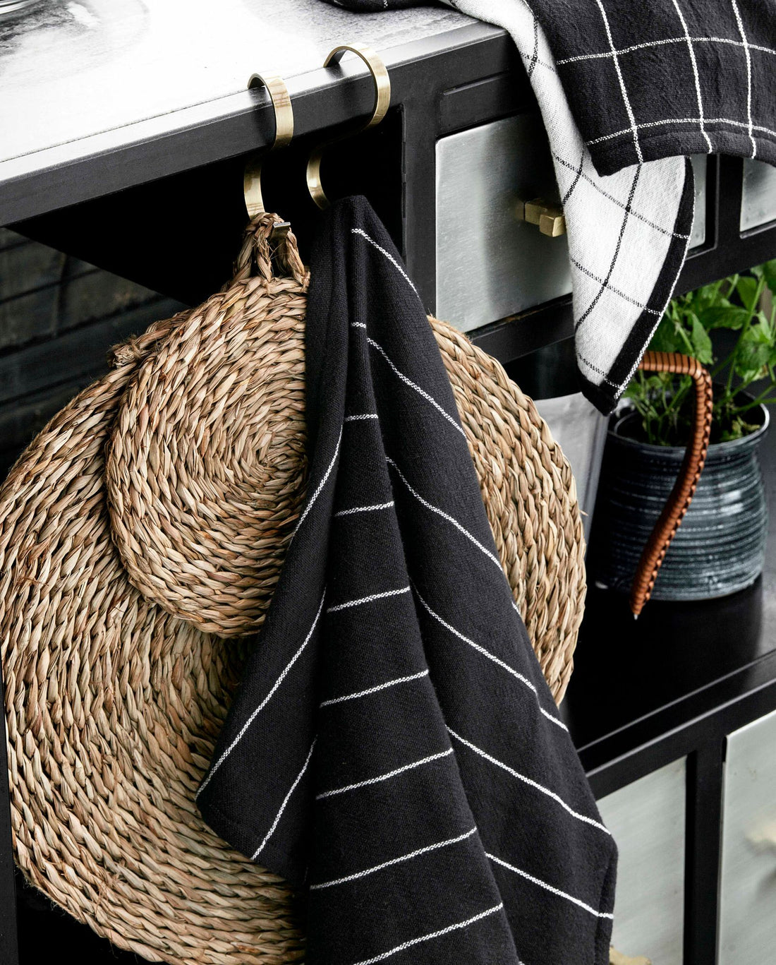 Toalha de chá de algodão - preto/esbranquiçado