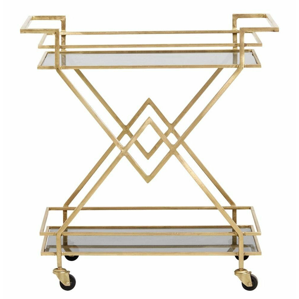 Mesa de rolos Nordal TROLLEY em ferro - 44x76 cm - ouro/preto de vidro