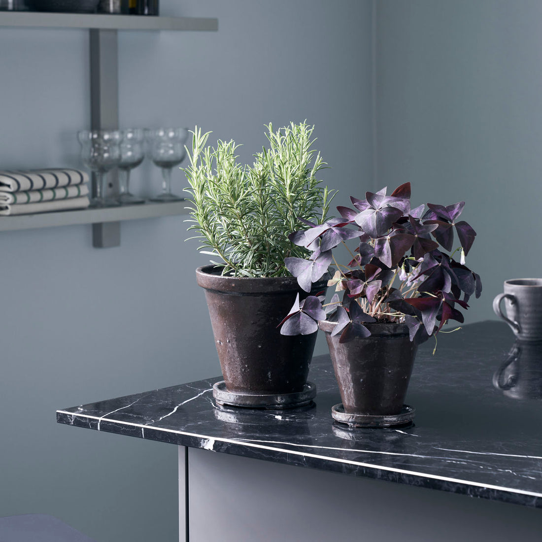Pote de ervas Doctor House com pires, flor, marrom-h: 12 cm, dia: 13,5 cm, h: 14 cm, dia: 16 cm