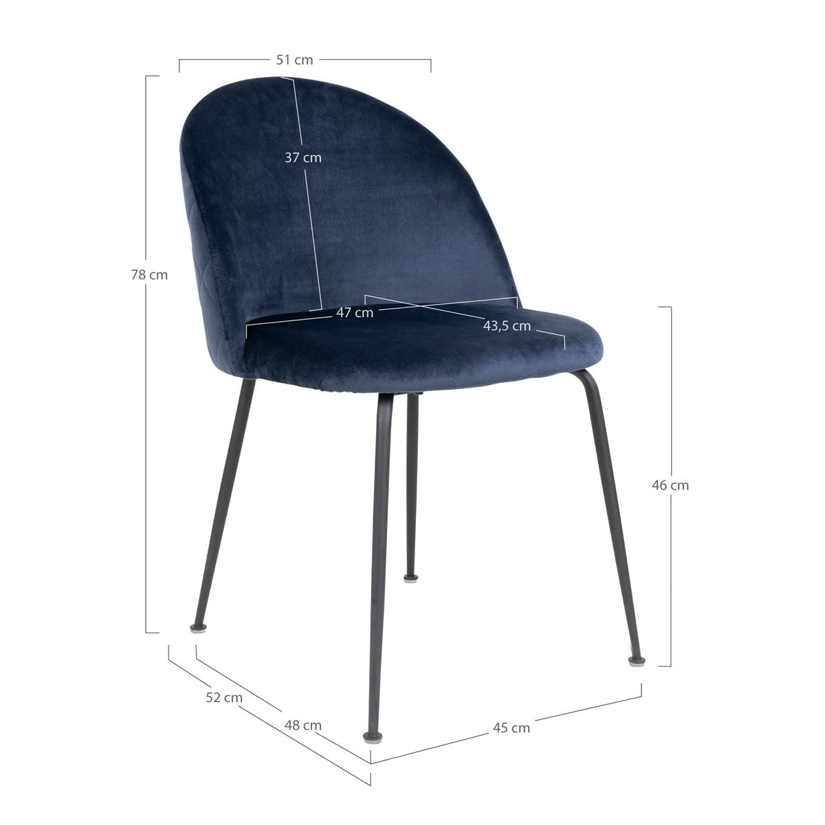 Cadeira de mesa de jantar de Genebra - cadeira de mesa de jantar em veludo, azul com pernas pretas, HN1205