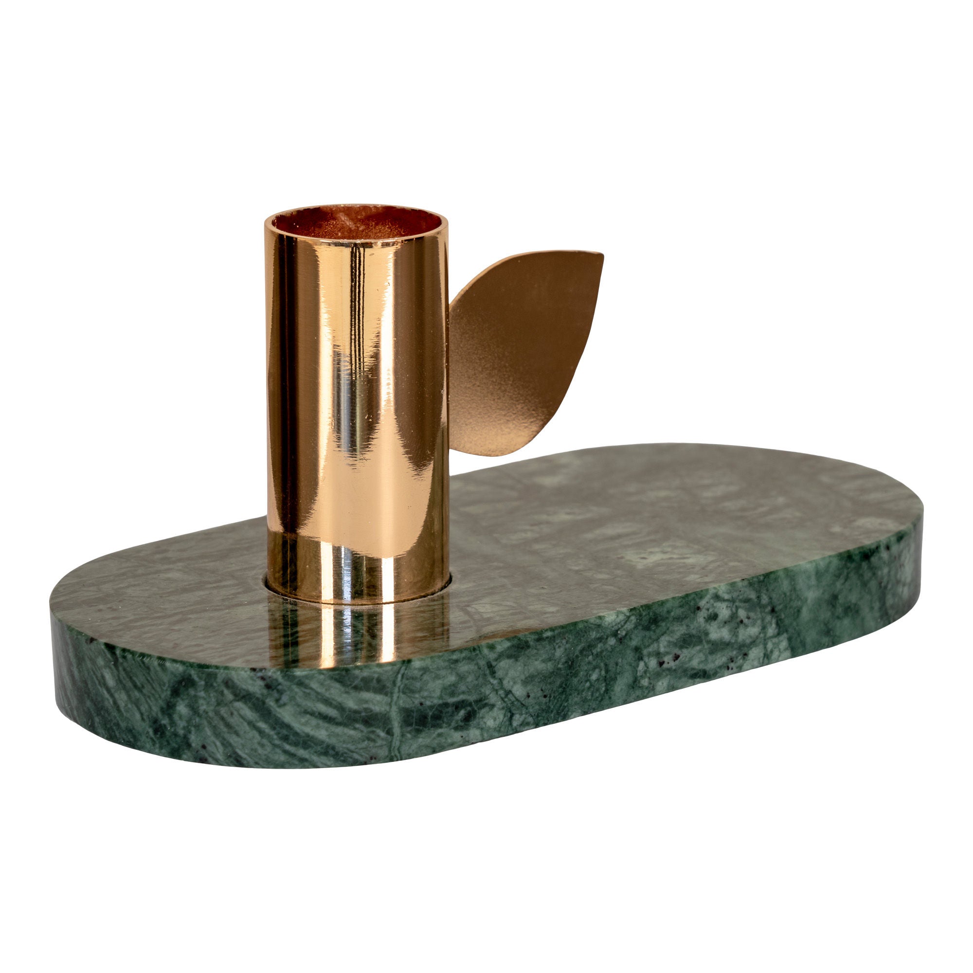 Candlestick - Candlestick em mármore, verde, portador de latão, 14x7x7 cm
