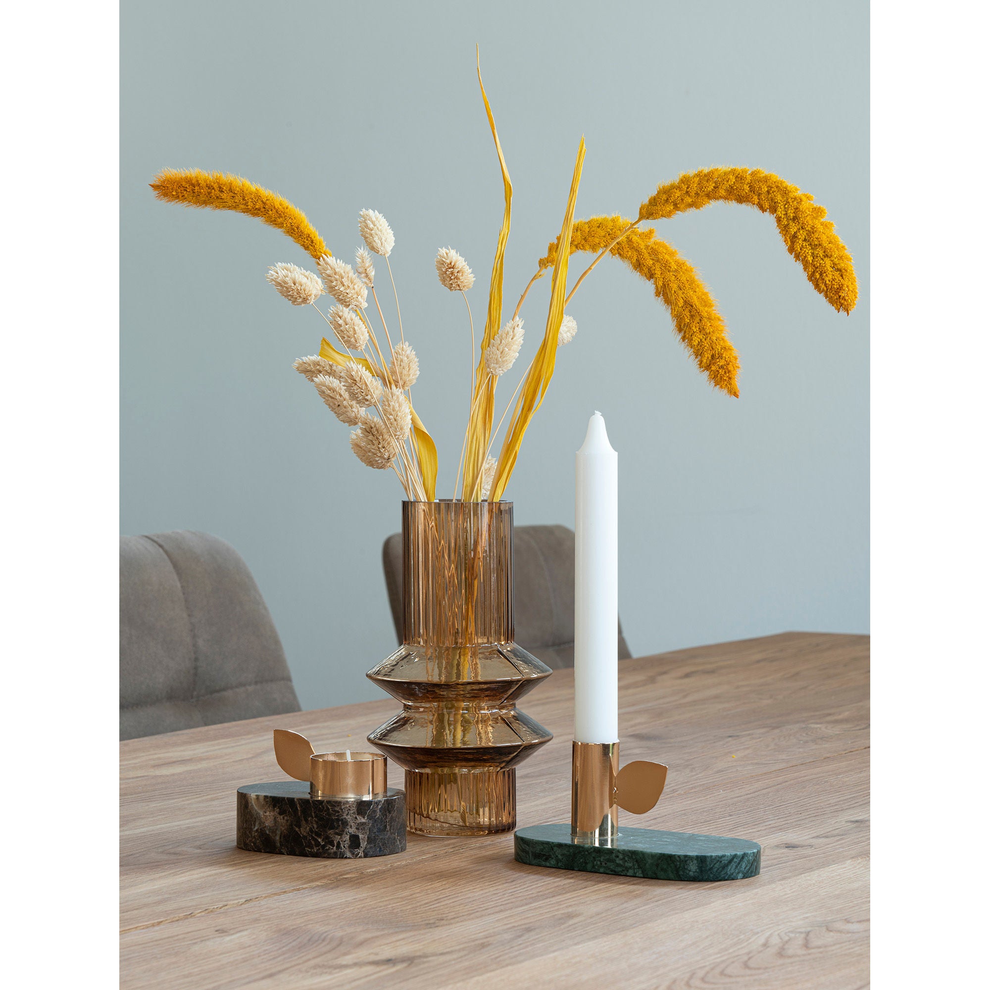 Candlestick - Candlestick em mármore, verde, portador de latão, 14x7x7 cm