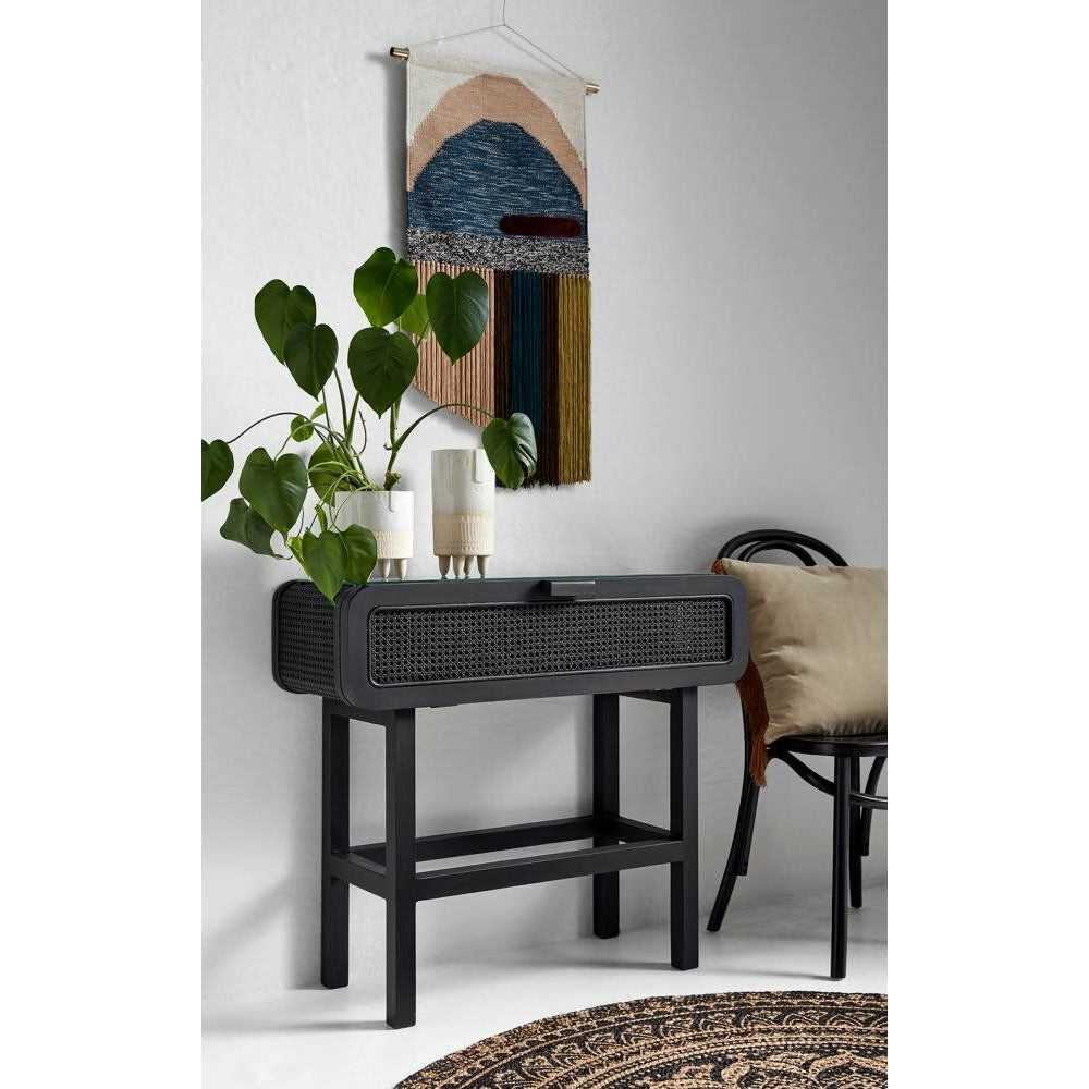 Nordal MERGE konsolbord i teaktræ med glas - 90x35 - sort - Nordal - DesignGaragen.dk